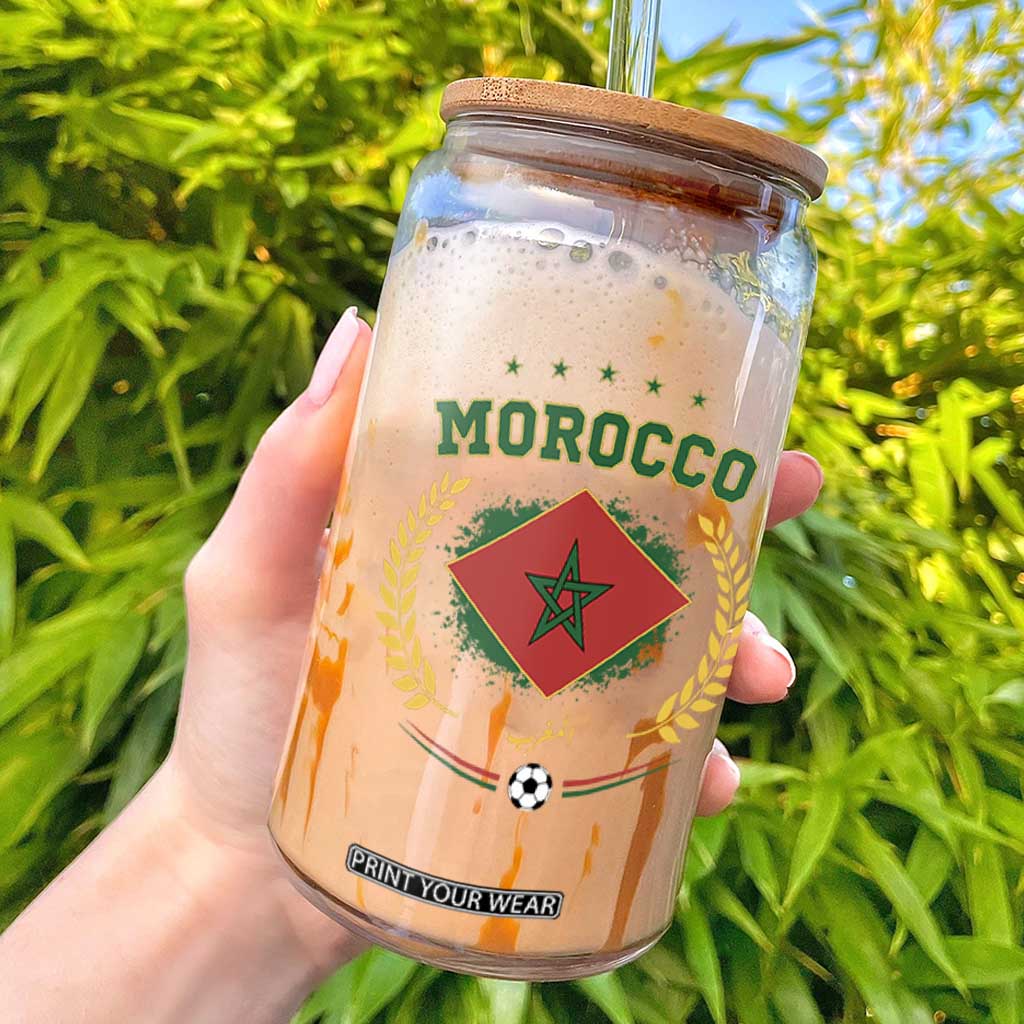 Morocco Football Laurel Wreath Crest Graphic Glass Can Proud Moroccan Soccer Star Emblem Sports Fans TS02 Black Print Your Wear