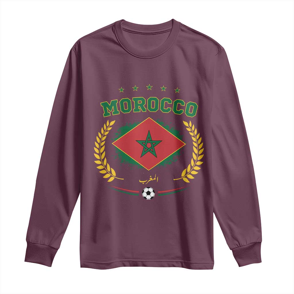 Morocco Football Laurel Wreath Crest Graphic Long Sleeve Shirt Proud Moroccan Soccer Star Emblem Sports Fans TS02 Maroon Print Your Wear