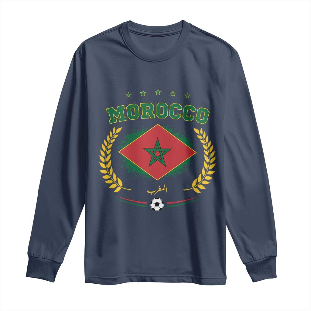 Morocco Football Laurel Wreath Crest Graphic Long Sleeve Shirt Proud Moroccan Soccer Star Emblem Sports Fans TS02 Navy Print Your Wear