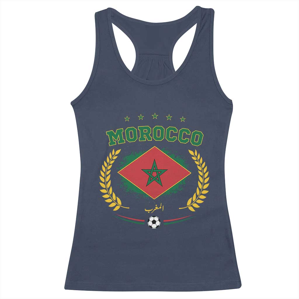 Morocco Football Laurel Wreath Crest Graphic Racerback Tank Top Proud Moroccan Soccer Star Emblem Sports Fans TS02 Navy Print Your Wear