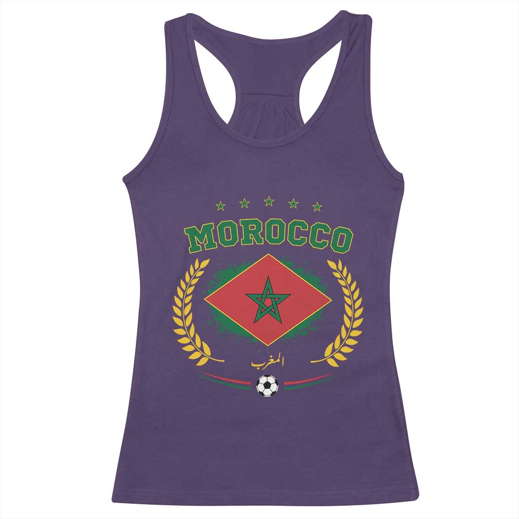 Morocco Football Laurel Wreath Crest Graphic Racerback Tank Top Proud Moroccan Soccer Star Emblem Sports Fans TS02 Purple Print Your Wear