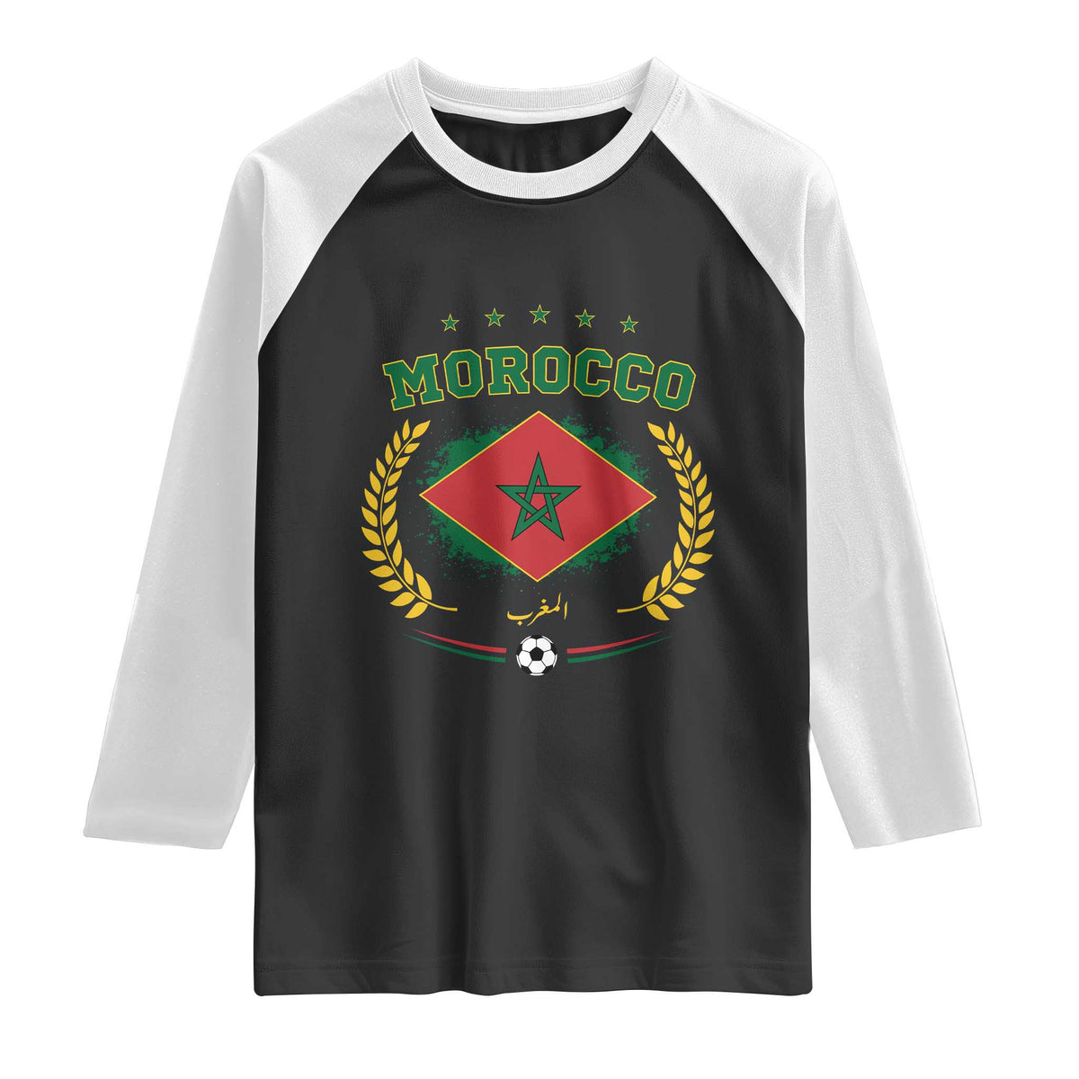 Morocco Football Laurel Wreath Crest Graphic Raglan Shirt Proud Moroccan Soccer Star Emblem Sports Fans TS02 Black White Print Your Wear