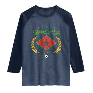 Morocco Football Laurel Wreath Crest Graphic Raglan Shirt Proud Moroccan Soccer Star Emblem Sports Fans TS02 Heather Denim Navy Print Your Wear