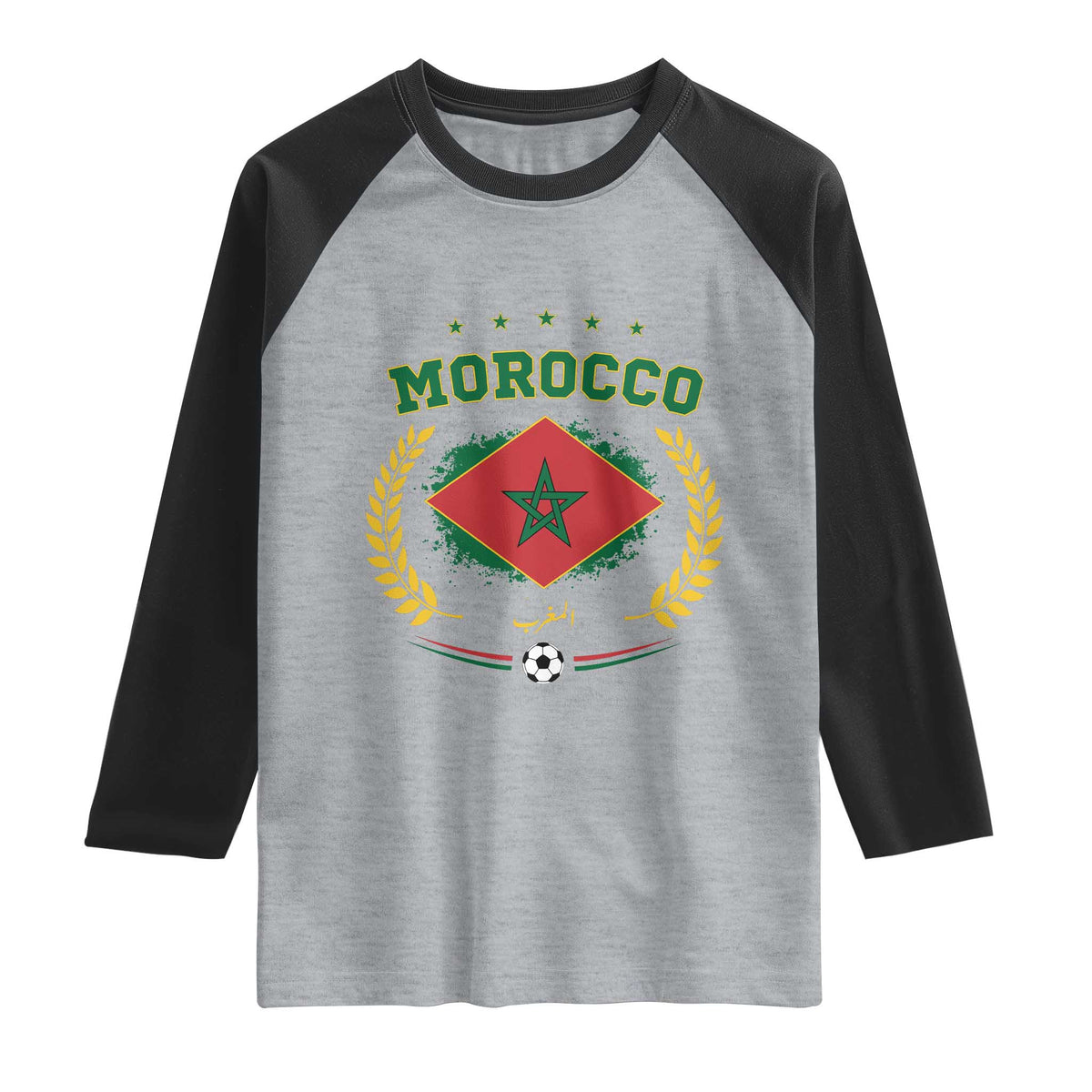 Morocco Football Laurel Wreath Crest Graphic Raglan Shirt Proud Moroccan Soccer Star Emblem Sports Fans TS02 Heather Gray Black Print Your Wear