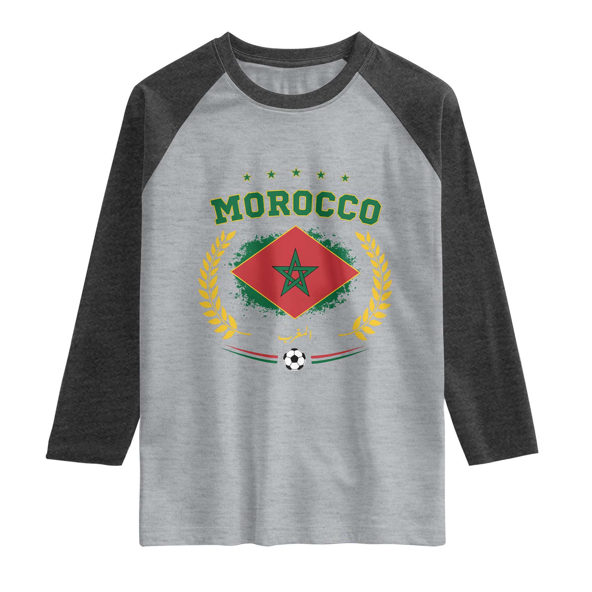 Morocco Football Laurel Wreath Crest Graphic Raglan Shirt Proud Moroccan Soccer Star Emblem Sports Fans TS02 Heather Gray Heather Charcoal Print Your Wear