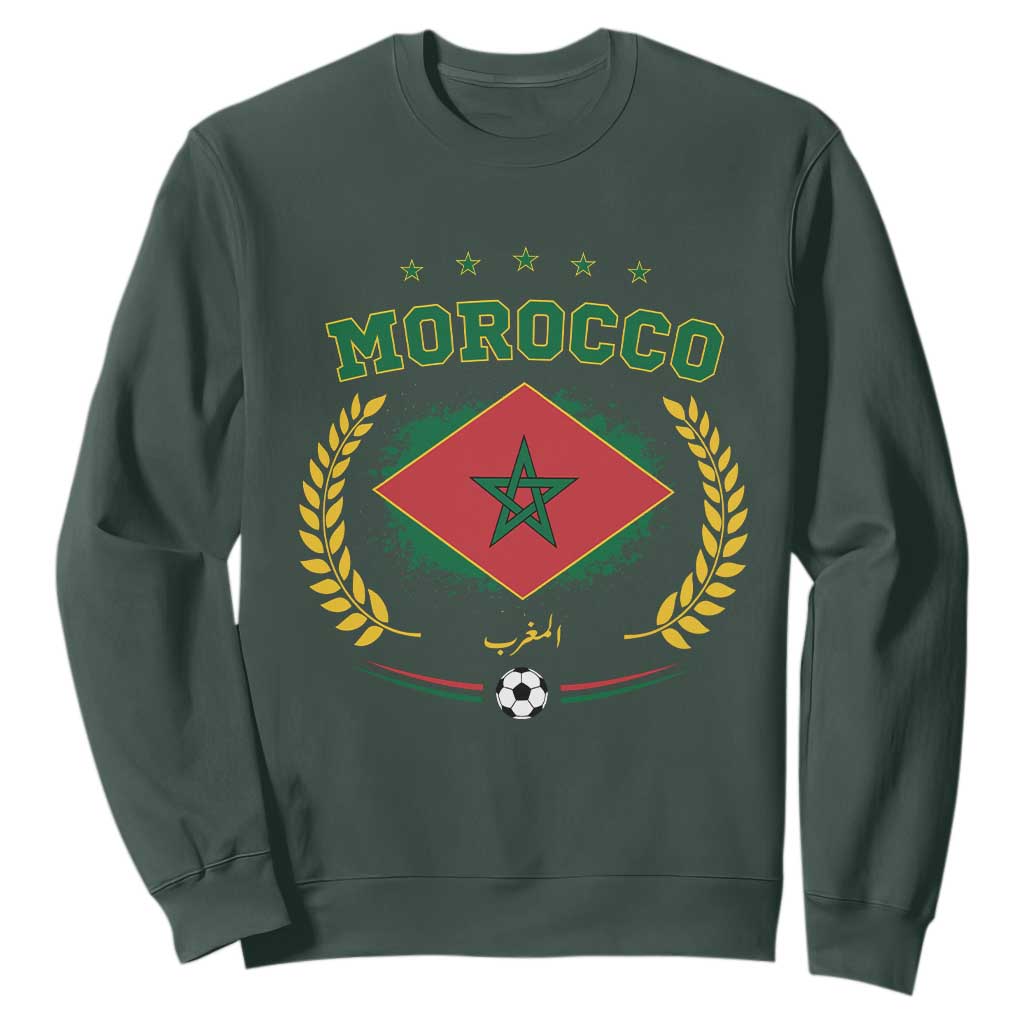 Morocco Football Laurel Wreath Crest Graphic Sweatshirt Proud Moroccan Soccer Star Emblem Sports Fans TS02 Dark Forest Green Print Your Wear