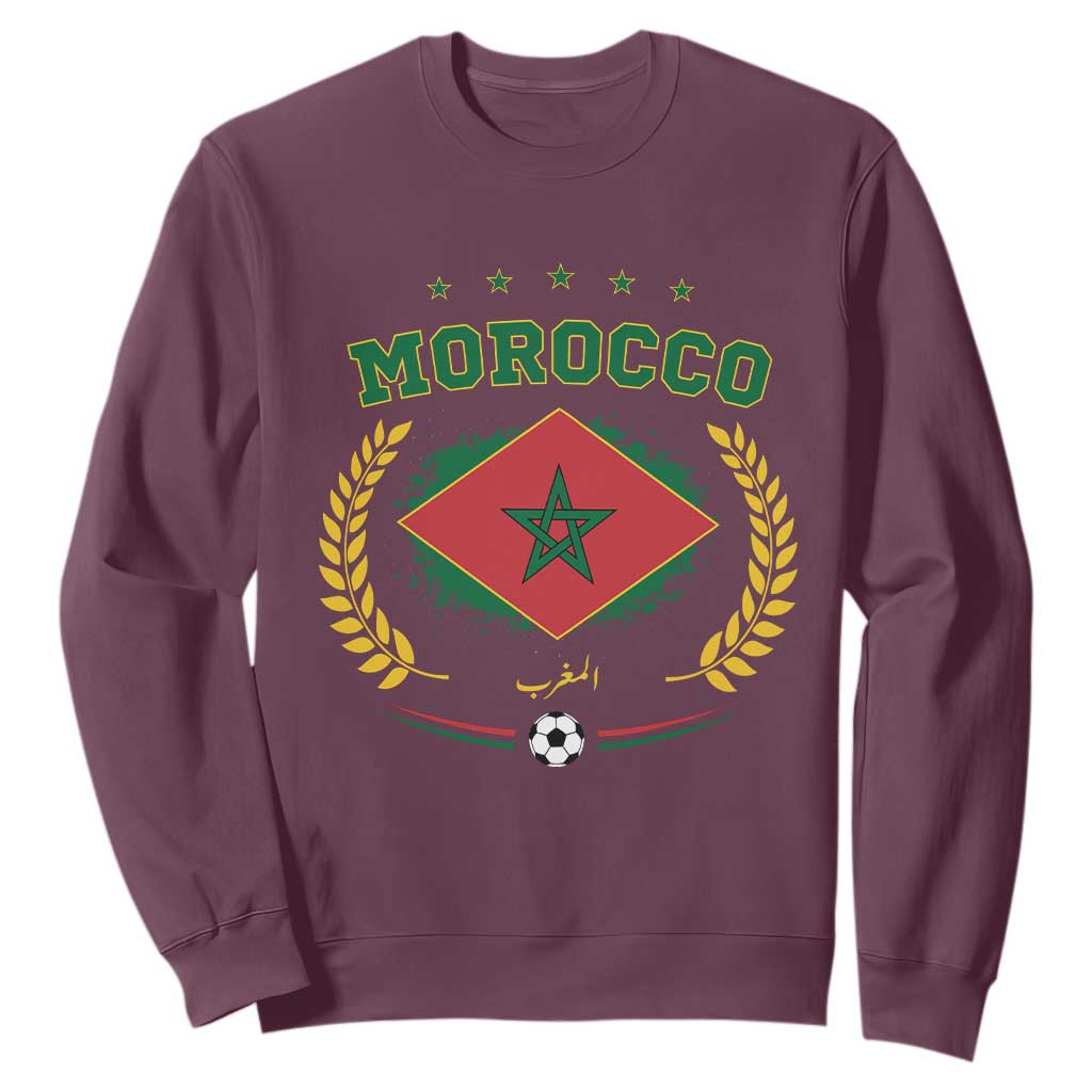 Morocco Football Laurel Wreath Crest Graphic Sweatshirt Proud Moroccan Soccer Star Emblem Sports Fans TS02 Maroon Print Your Wear