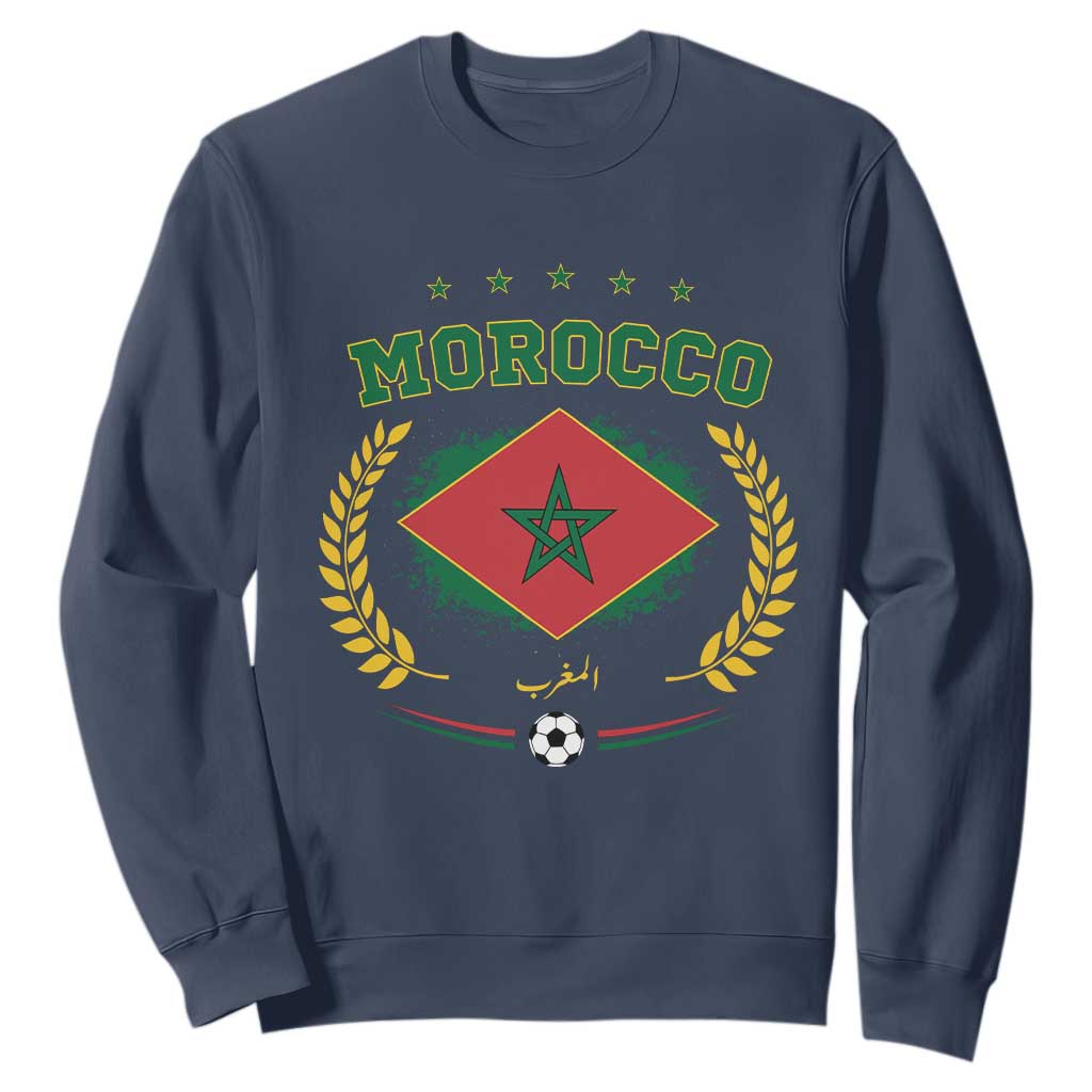 Morocco Football Laurel Wreath Crest Graphic Sweatshirt Proud Moroccan Soccer Star Emblem Sports Fans TS02 Navy Print Your Wear