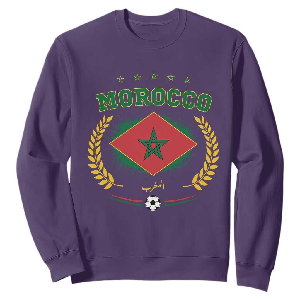 Morocco Football Laurel Wreath Crest Graphic Sweatshirt Proud Moroccan Soccer Star Emblem Sports Fans TS02 Purple Print Your Wear