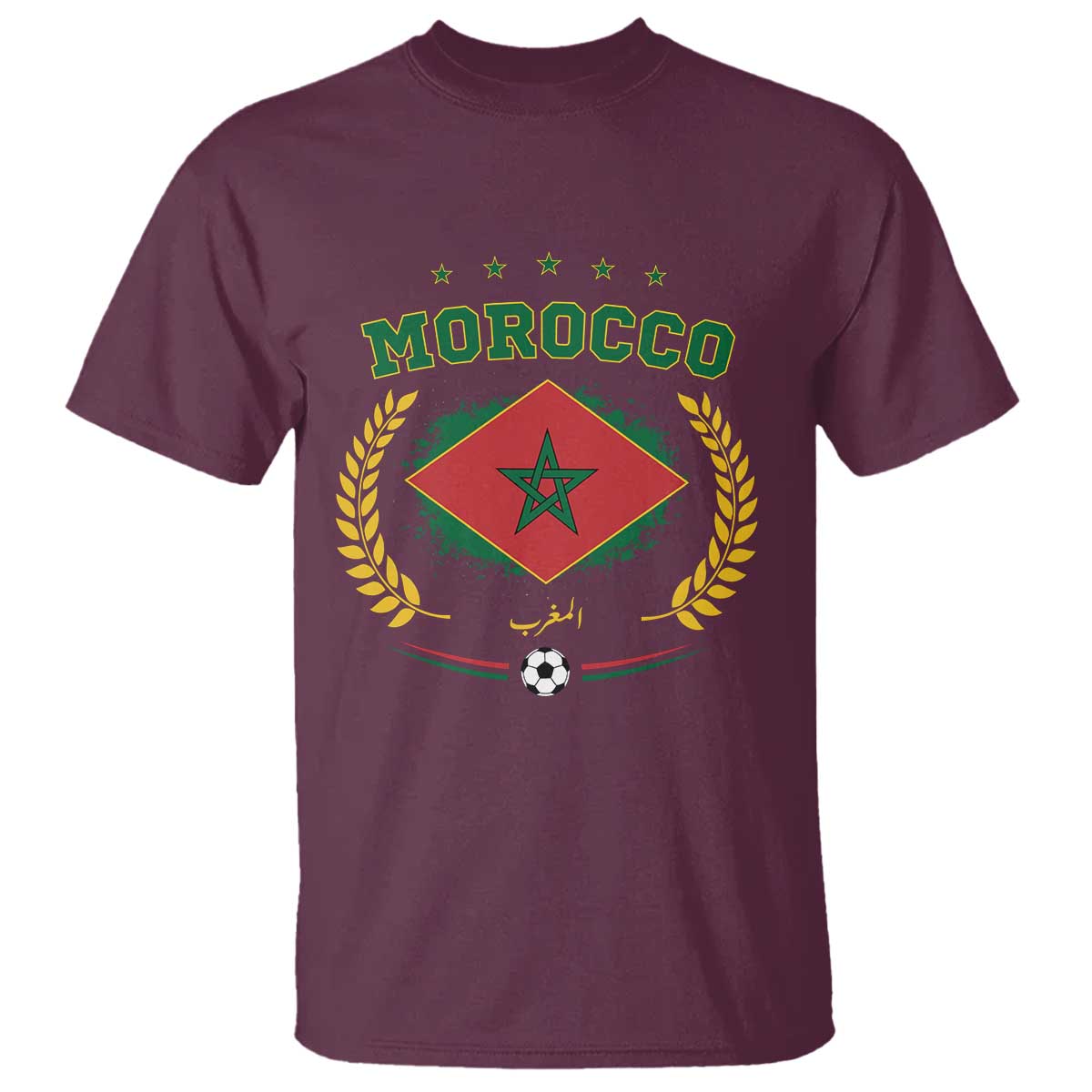 Morocco Football Laurel Wreath Crest Graphic T Shirt Proud Moroccan Soccer Star Emblem Sports Fans TS02 Maroon Print Your Wear