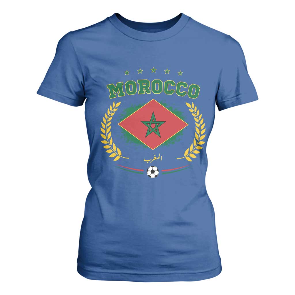 Morocco Football Laurel Wreath Crest Graphic T Shirt For Women Proud Moroccan Soccer Star Emblem Sports Fans TS02 Royal Blue Print Your Wear
