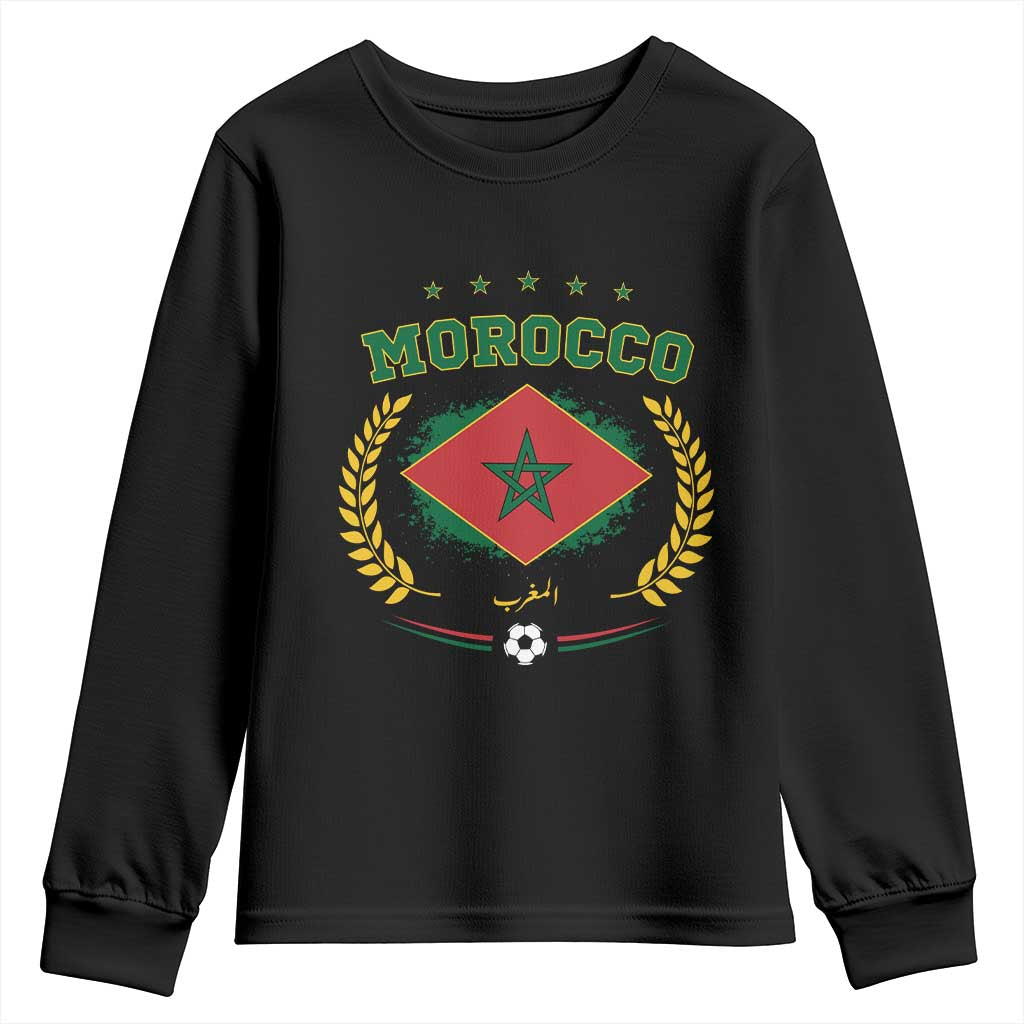 Morocco Football Laurel Wreath Crest Graphic Youth Sweatshirt Proud Moroccan Soccer Star Emblem Sports Fans TS02 Black Print Your Wear