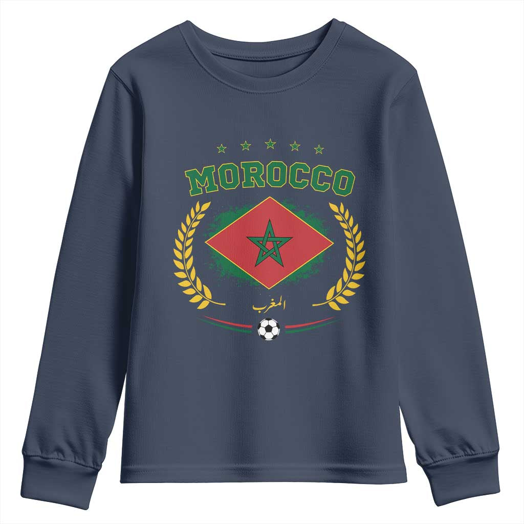 Morocco Football Laurel Wreath Crest Graphic Youth Sweatshirt Proud Moroccan Soccer Star Emblem Sports Fans TS02 Navy Print Your Wear