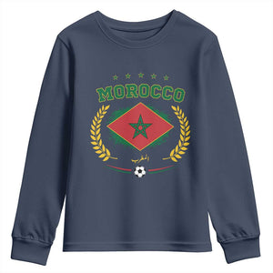 Morocco Football Laurel Wreath Crest Graphic Youth Sweatshirt Proud Moroccan Soccer Star Emblem Sports Fans TS02 Navy Print Your Wear