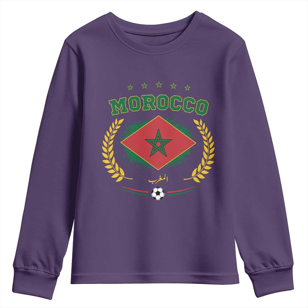 Morocco Football Laurel Wreath Crest Graphic Youth Sweatshirt Proud Moroccan Soccer Star Emblem Sports Fans TS02 Purple Print Your Wear