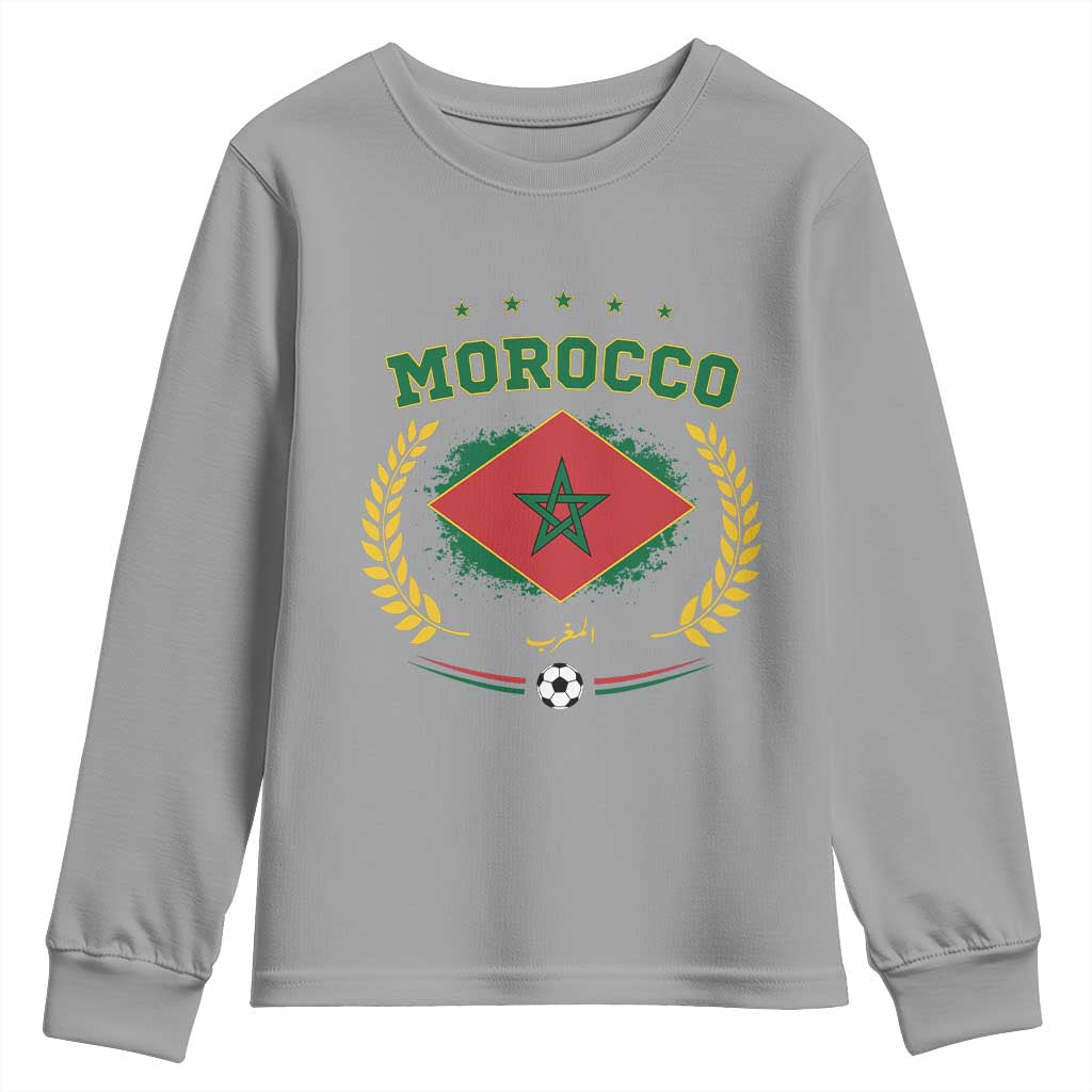 Morocco Football Laurel Wreath Crest Graphic Youth Sweatshirt Proud Moroccan Soccer Star Emblem Sports Fans TS02 Sport Gray Print Your Wear