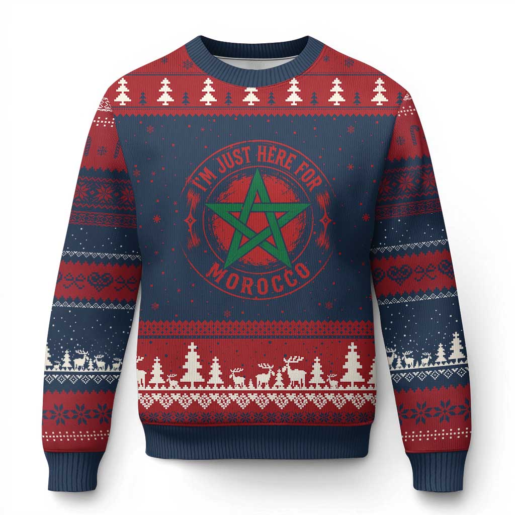 I'm Just Here for Morocco Ugly Christmas Sweater Funny Moroccan Pride Supporter Sports Fan TS02 Navy Red Print Your Wear