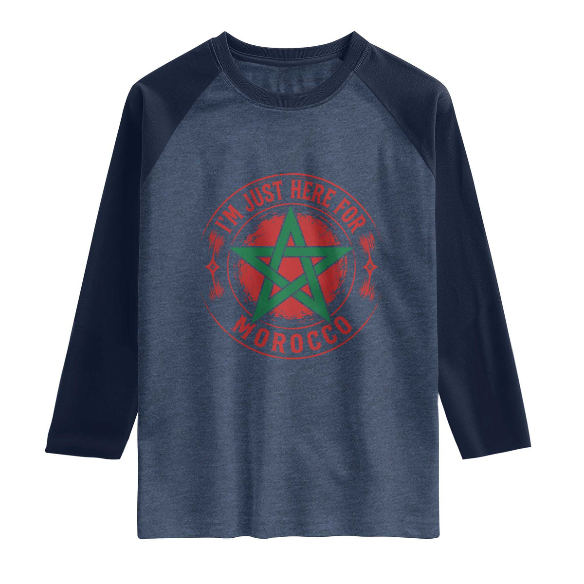 I'm Just Here for Morocco Raglan Shirt Funny Moroccan Pride Supporter Sports Fan TS02 Heather Denim Navy Print Your Wear