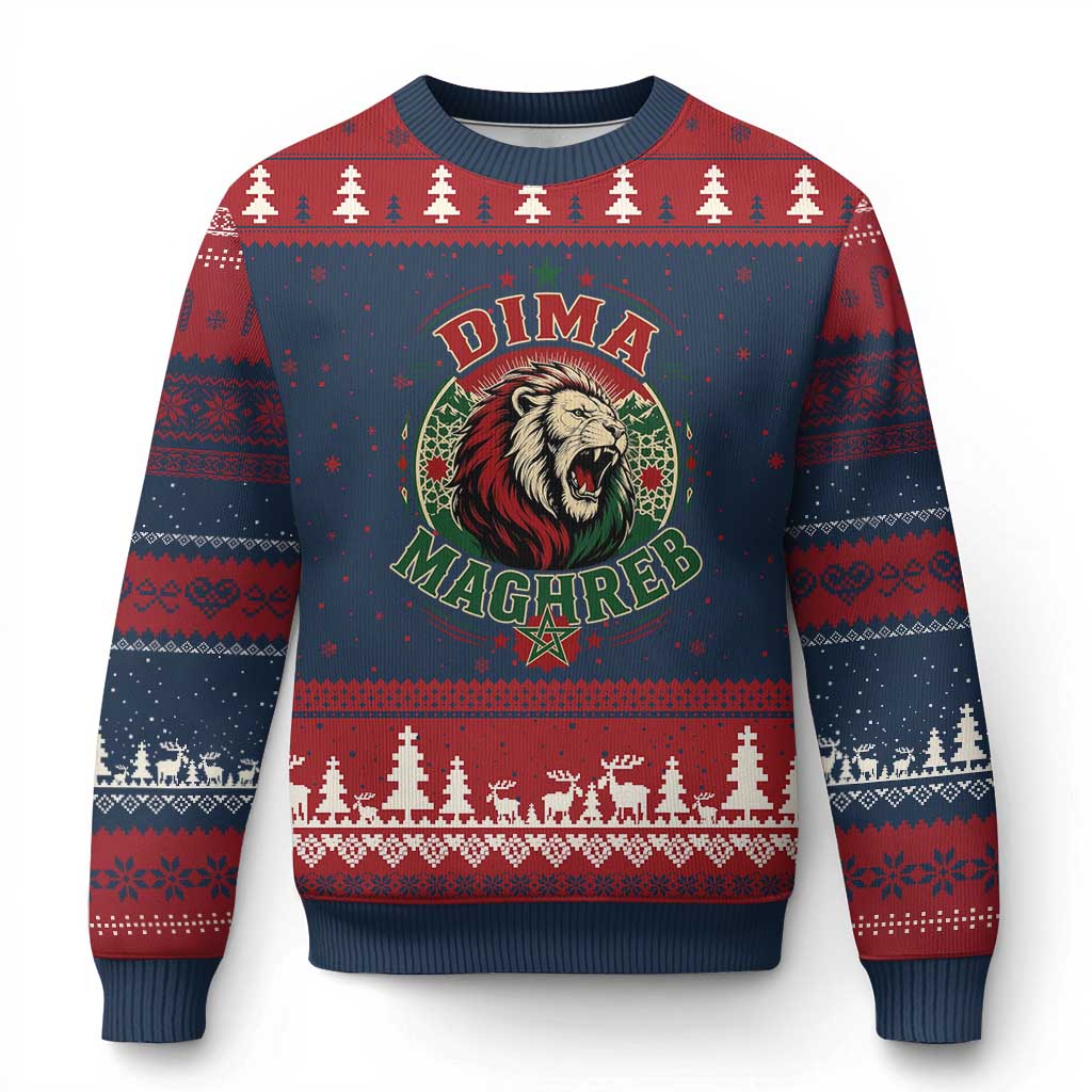 Dima Maghreb Morocco Lion Roar Ugly Christmas Sweater Proud Patriotic Moroccan Spirit Heritage Support TS02 Navy Red Print Your Wear