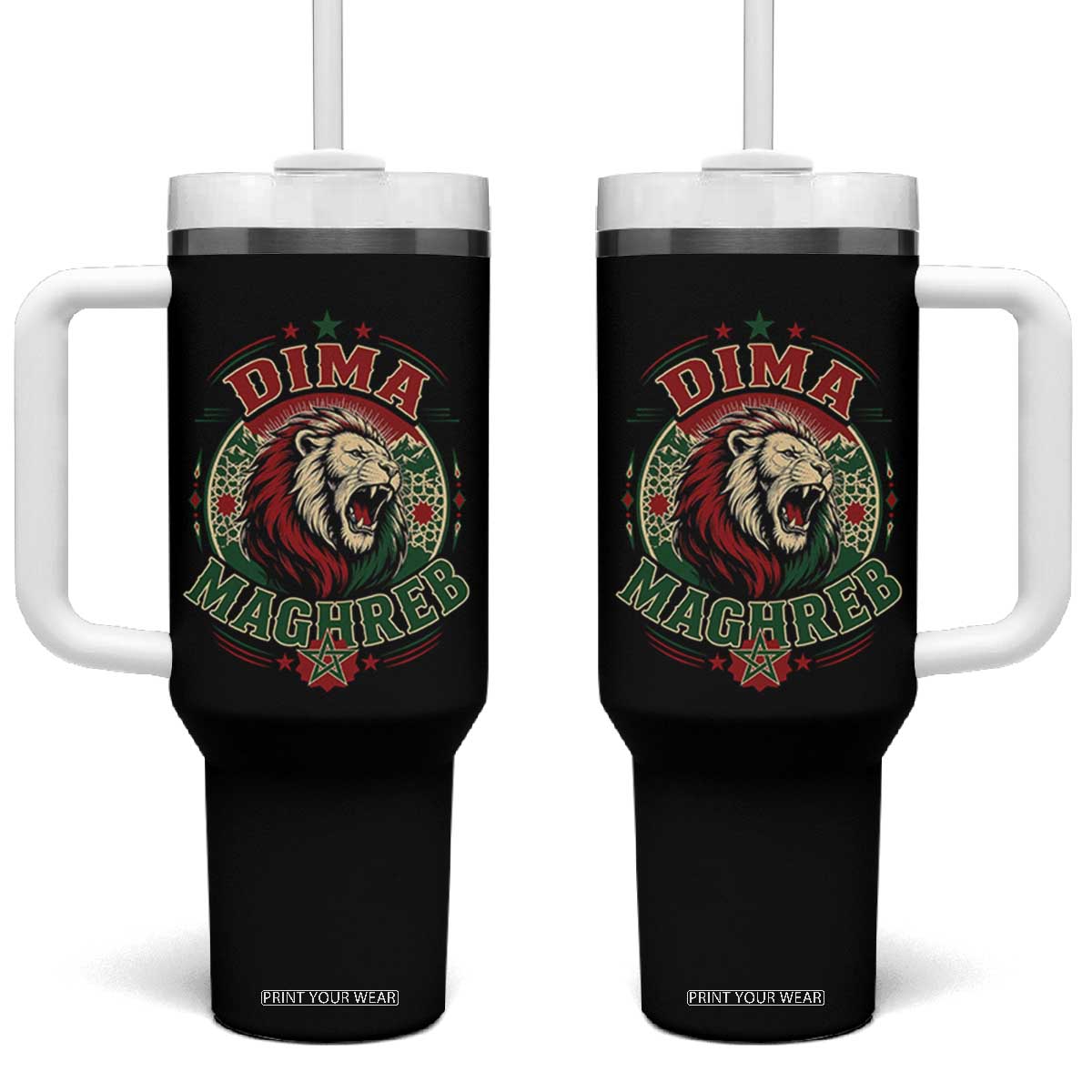 Dima Maghreb Morocco Lion Roar Tumbler With Handle Proud Patriotic Moroccan Spirit Heritage Support TS02 One Size: 40 oz Black Print Your Wear
