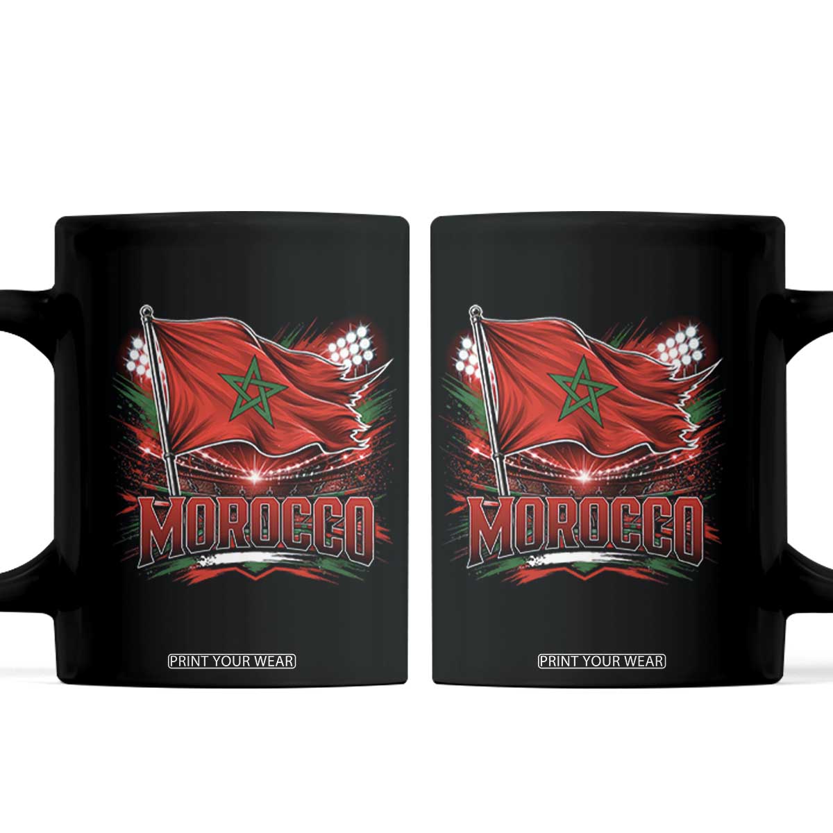 Waving Morocco Flag Stadium Lights Coffee Mug Patriotic Moroccan Soccer Fans TS02 Black Print Your Wear