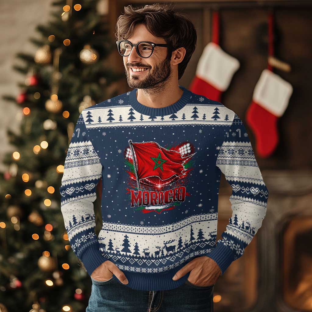 Waving Morocco Flag Stadium Lights Ugly Christmas Sweater Patriotic Moroccan Soccer Fans TS02 Navy Beige Print Your Wear