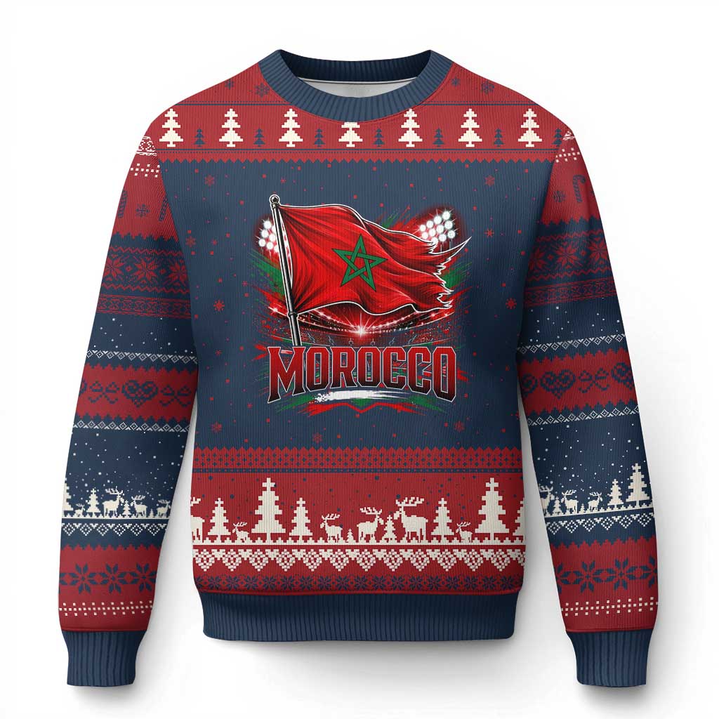 Waving Morocco Flag Stadium Lights Ugly Christmas Sweater Patriotic Moroccan Soccer Fans TS02 Navy Red Print Your Wear