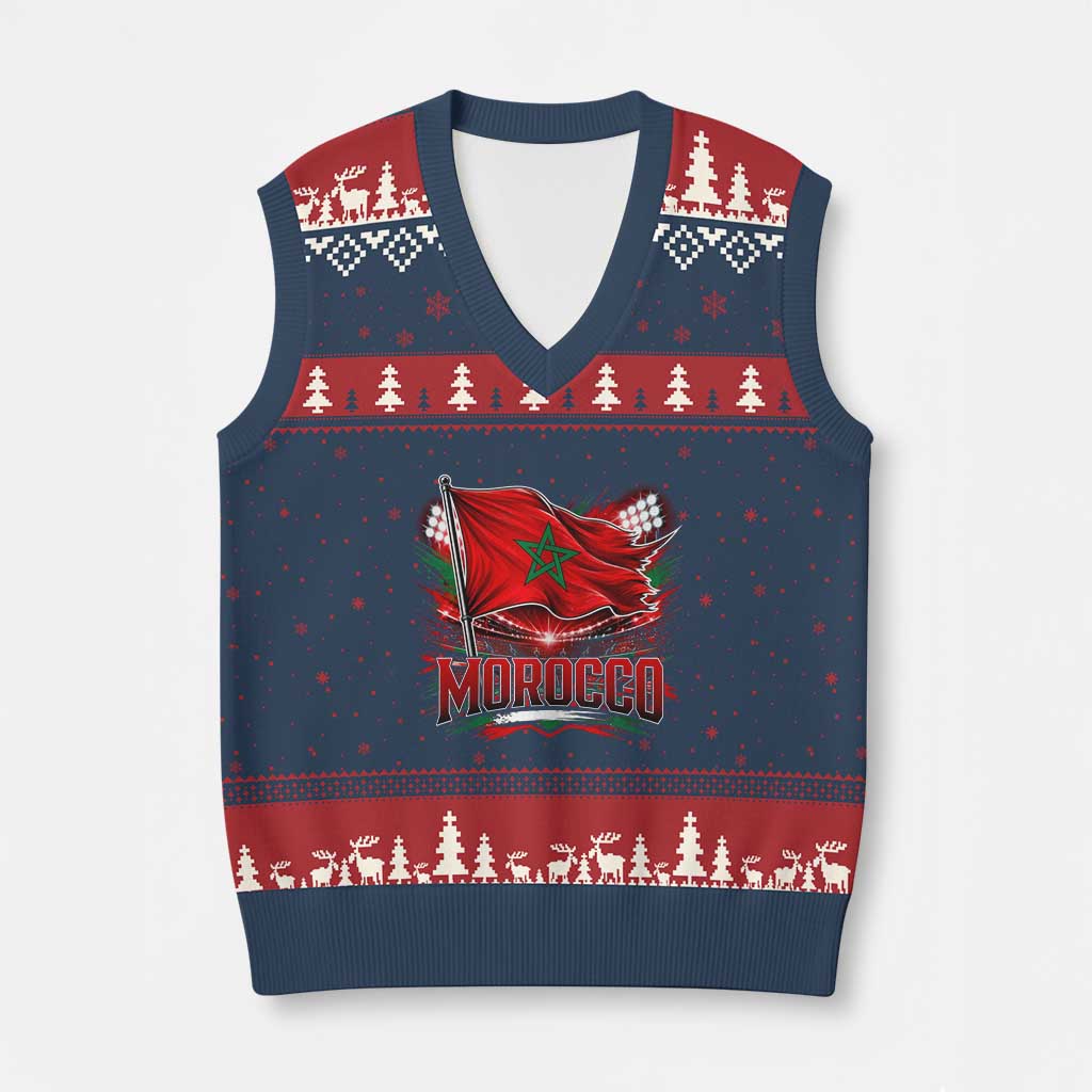 Waving Morocco Flag Stadium Lights V-Neck Knit Sweater Vest Patriotic Moroccan Soccer Fans TS02 Navy Red Print Your Wear