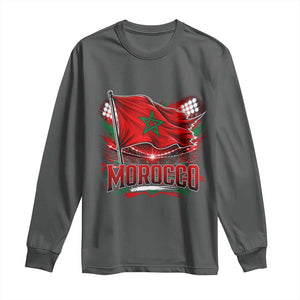 Waving Morocco Flag Stadium Lights Long Sleeve Shirt Patriotic Moroccan Soccer Fans TS02 Dark Heather Print Your Wear
