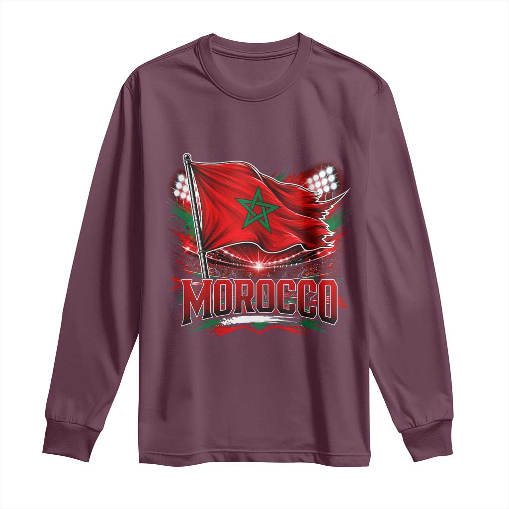 Waving Morocco Flag Stadium Lights Long Sleeve Shirt Patriotic Moroccan Soccer Fans TS02 Maroon Print Your Wear