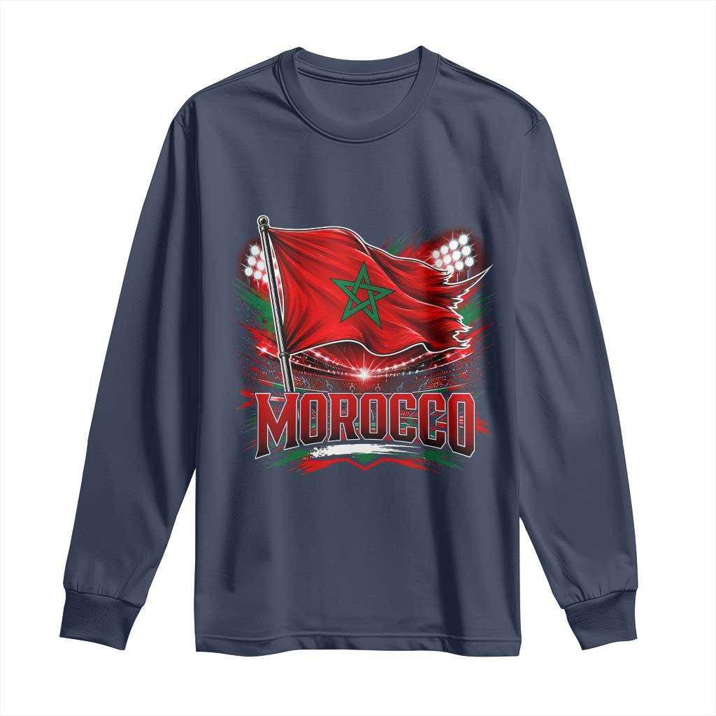 Waving Morocco Flag Stadium Lights Long Sleeve Shirt Patriotic Moroccan Soccer Fans TS02 Navy Print Your Wear