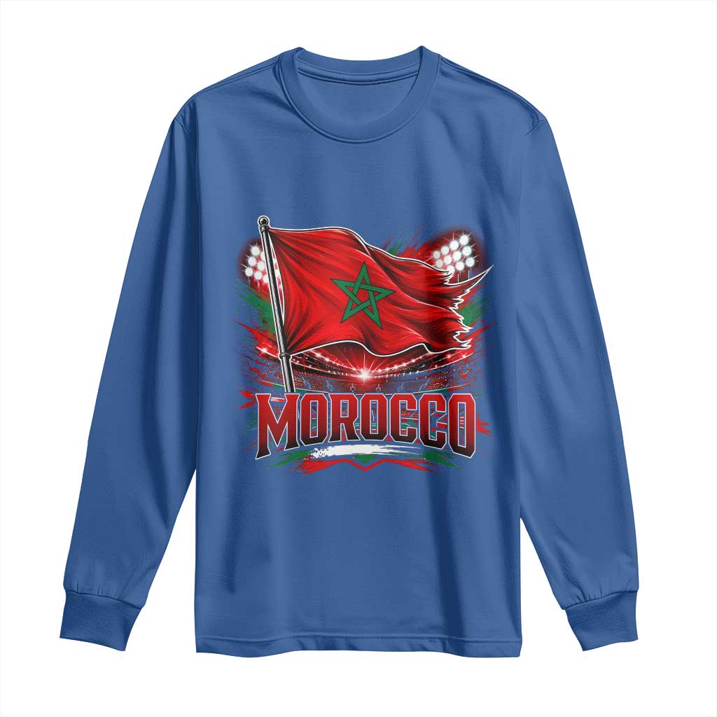 Waving Morocco Flag Stadium Lights Long Sleeve Shirt Patriotic Moroccan Soccer Fans TS02 Royal Blue Print Your Wear