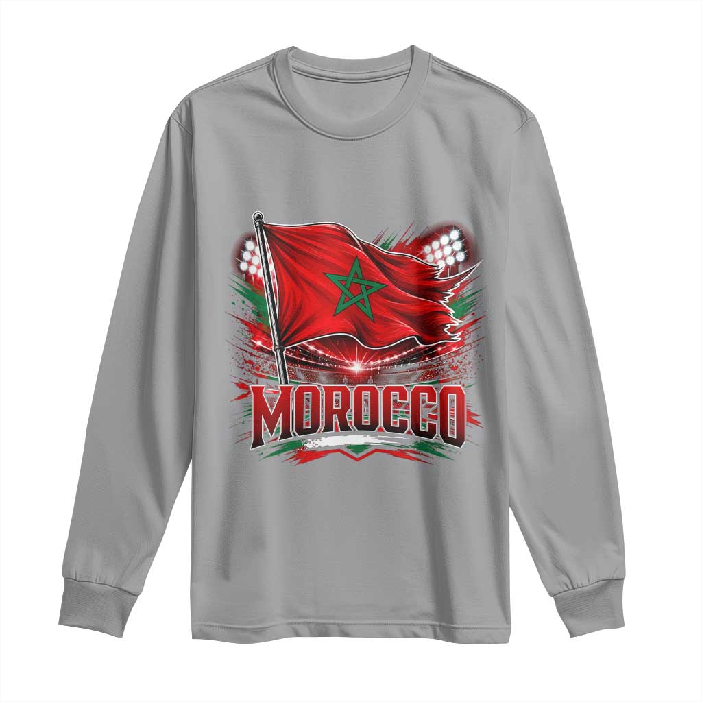 Waving Morocco Flag Stadium Lights Long Sleeve Shirt Patriotic Moroccan Soccer Fans TS02 Sport Gray Print Your Wear