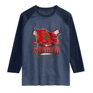 Waving Morocco Flag Stadium Lights Raglan Shirt Patriotic Moroccan Soccer Fans TS02 Heather Denim Navy Print Your Wear