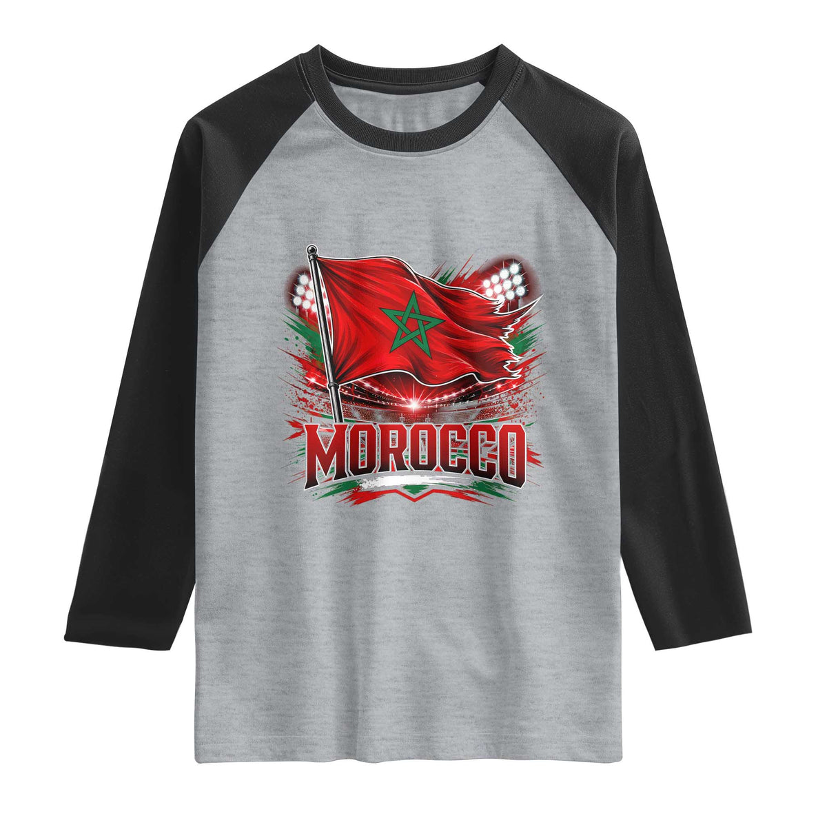 Waving Morocco Flag Stadium Lights Raglan Shirt Patriotic Moroccan Soccer Fans TS02 Heather Gray Black Print Your Wear
