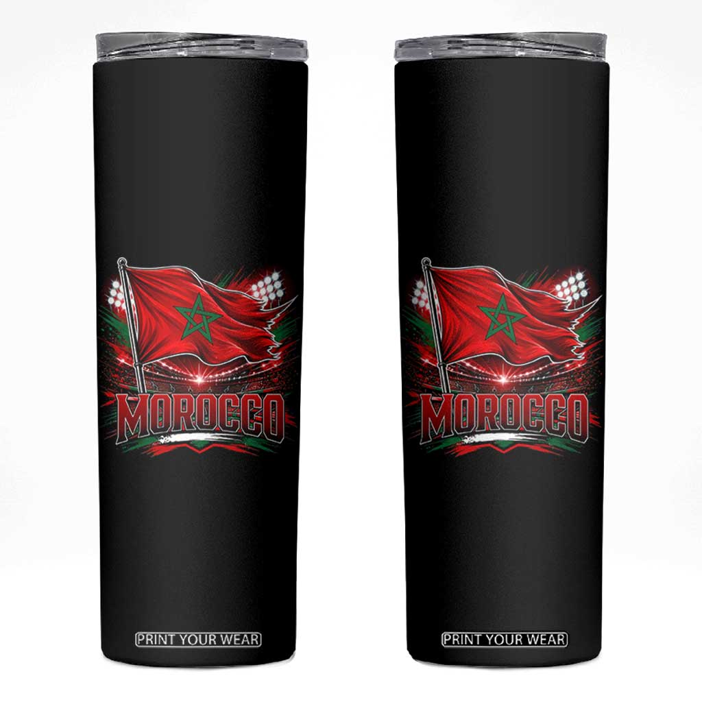Waving Morocco Flag Stadium Lights Skinny Tumbler Patriotic Moroccan Soccer Fans TS02 Black Print Your Wear
