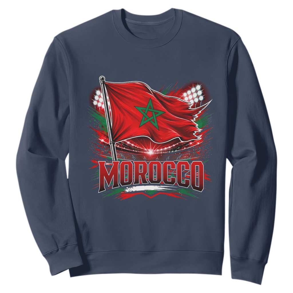 Waving Morocco Flag Stadium Lights Sweatshirt Patriotic Moroccan Soccer Fans TS02 Navy Print Your Wear