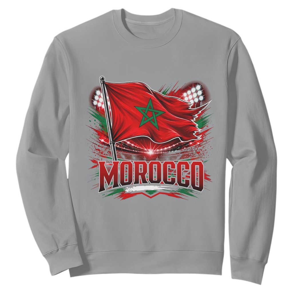 Waving Morocco Flag Stadium Lights Sweatshirt Patriotic Moroccan Soccer Fans TS02 Sport Gray Print Your Wear