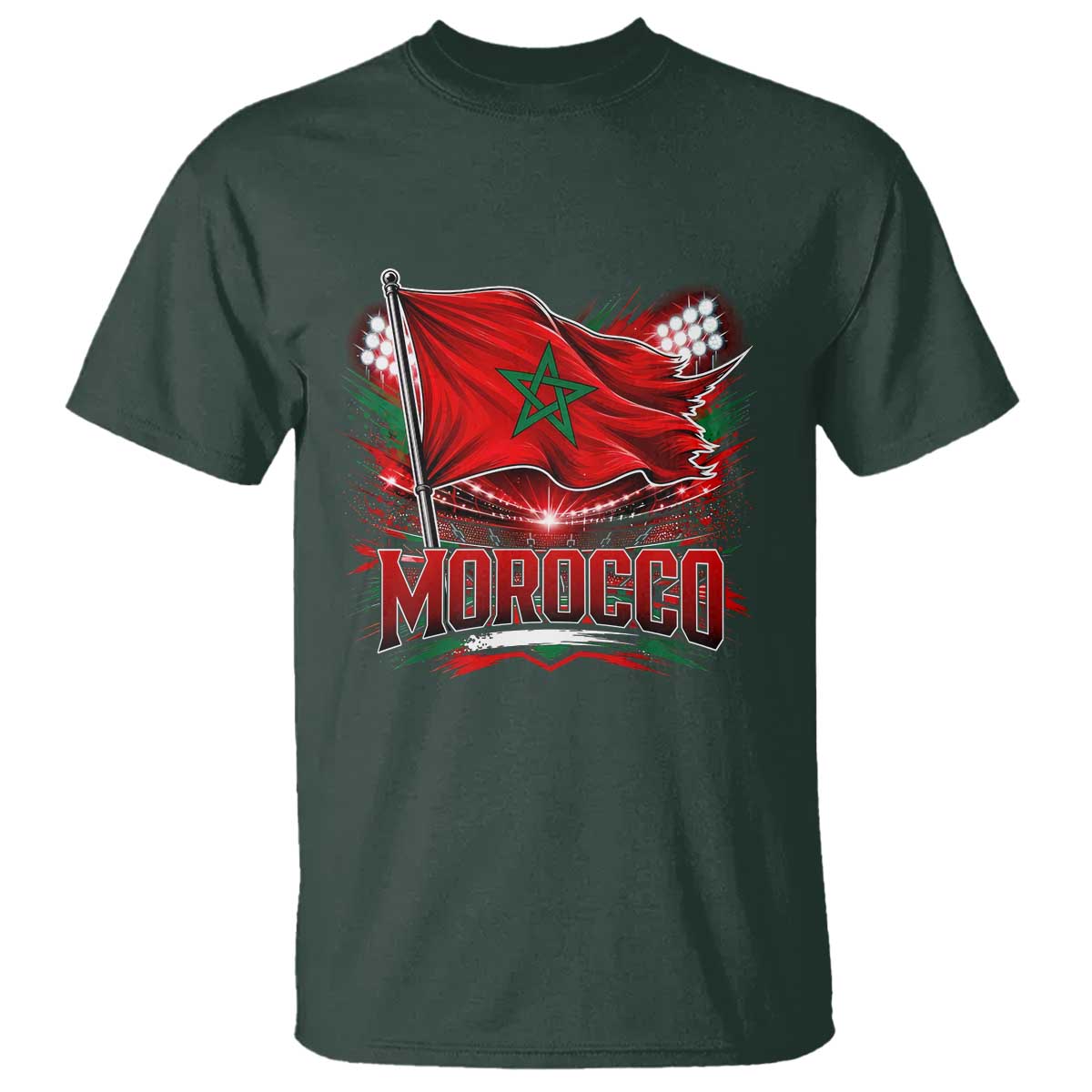 Waving Morocco Flag Stadium Lights T Shirt Patriotic Moroccan Soccer Fans TS02 Dark Forest Green Print Your Wear