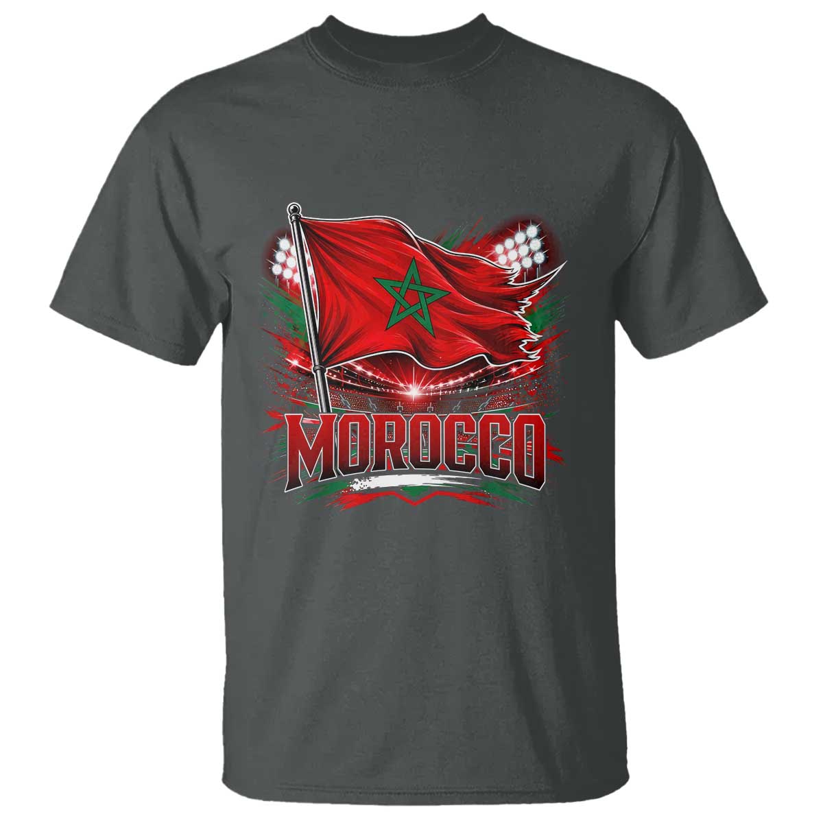 Waving Morocco Flag Stadium Lights T Shirt Patriotic Moroccan Soccer Fans TS02 Dark Heather Print Your Wear