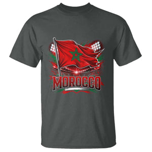 Waving Morocco Flag Stadium Lights T Shirt Patriotic Moroccan Soccer Fans TS02 Dark Heather Print Your Wear