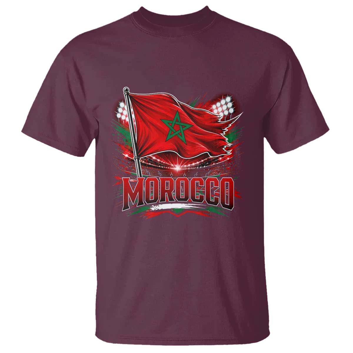 Waving Morocco Flag Stadium Lights T Shirt Patriotic Moroccan Soccer Fans TS02 Maroon Print Your Wear