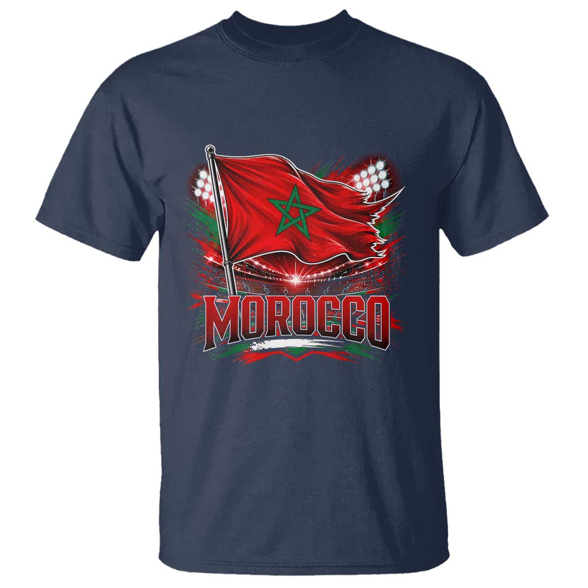Waving Morocco Flag Stadium Lights T Shirt Patriotic Moroccan Soccer Fans TS02 Navy Print Your Wear