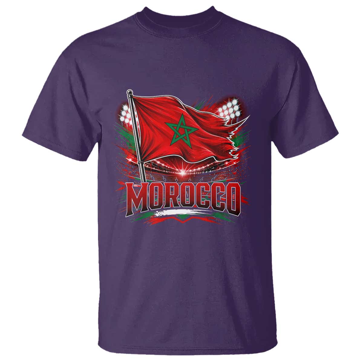 Waving Morocco Flag Stadium Lights T Shirt Patriotic Moroccan Soccer Fans TS02 Purple Print Your Wear