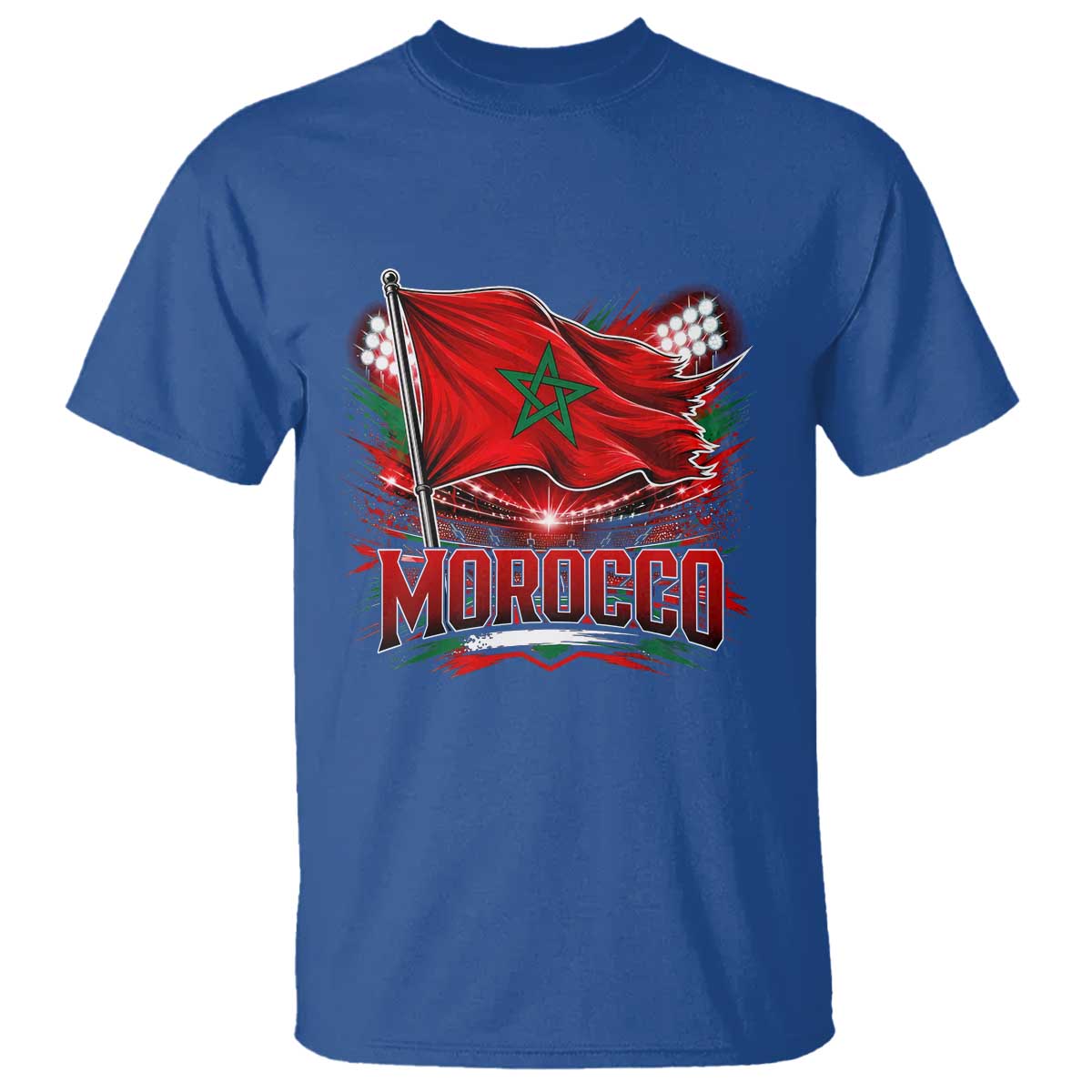 Waving Morocco Flag Stadium Lights T Shirt Patriotic Moroccan Soccer Fans TS02 Royal Blue Print Your Wear