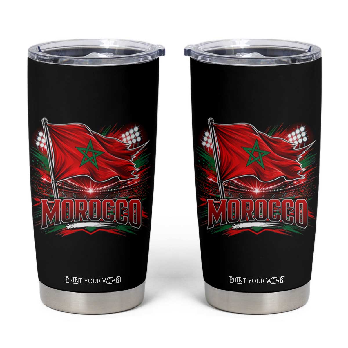 Waving Morocco Flag Stadium Lights Tumbler Cup Patriotic Moroccan Soccer Fans TS02 Black Print Your Wear