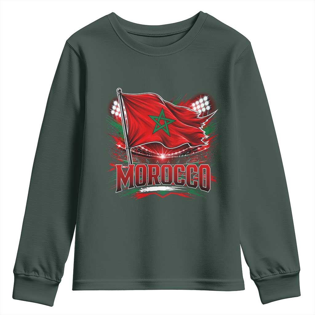 Waving Morocco Flag Stadium Lights Youth Sweatshirt Patriotic Moroccan Soccer Fans TS02 Dark Forest Green Print Your Wear