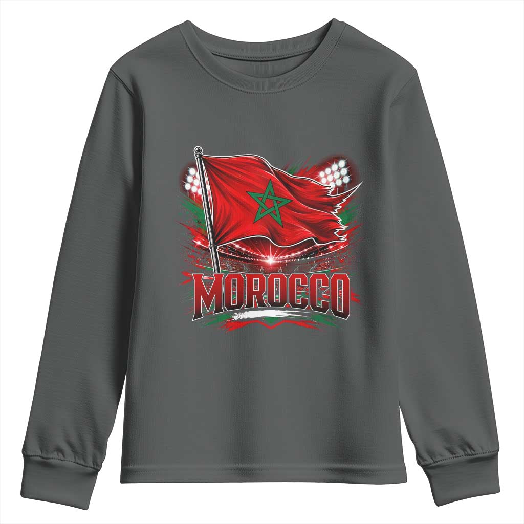 Waving Morocco Flag Stadium Lights Youth Sweatshirt Patriotic Moroccan Soccer Fans TS02 Dark Heather Print Your Wear