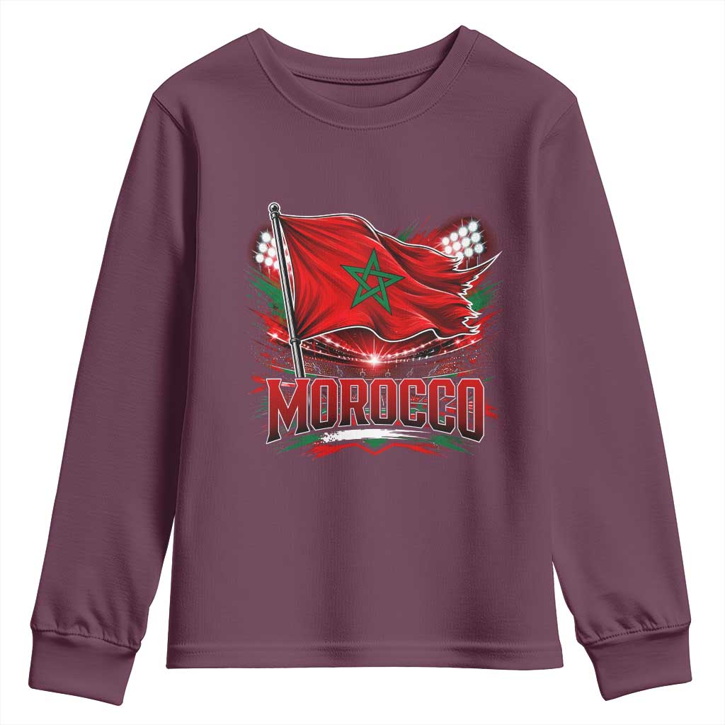 Waving Morocco Flag Stadium Lights Youth Sweatshirt Patriotic Moroccan Soccer Fans TS02 Maroon Print Your Wear
