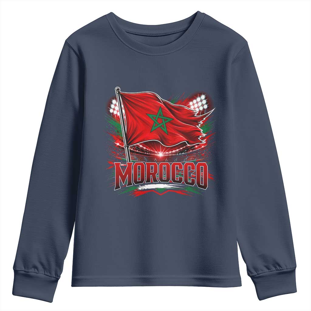Waving Morocco Flag Stadium Lights Youth Sweatshirt Patriotic Moroccan Soccer Fans TS02 Navy Print Your Wear